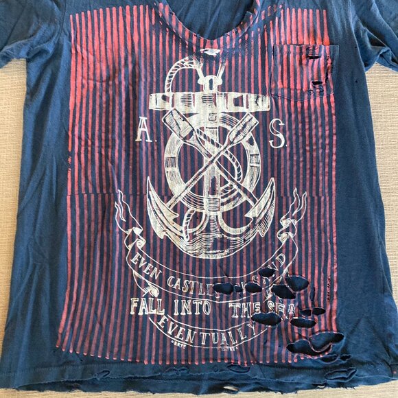 Alternative Brand - Blue Pink & White Distressed V Neck T Shirt with pocket - M - Picture 8 of 10